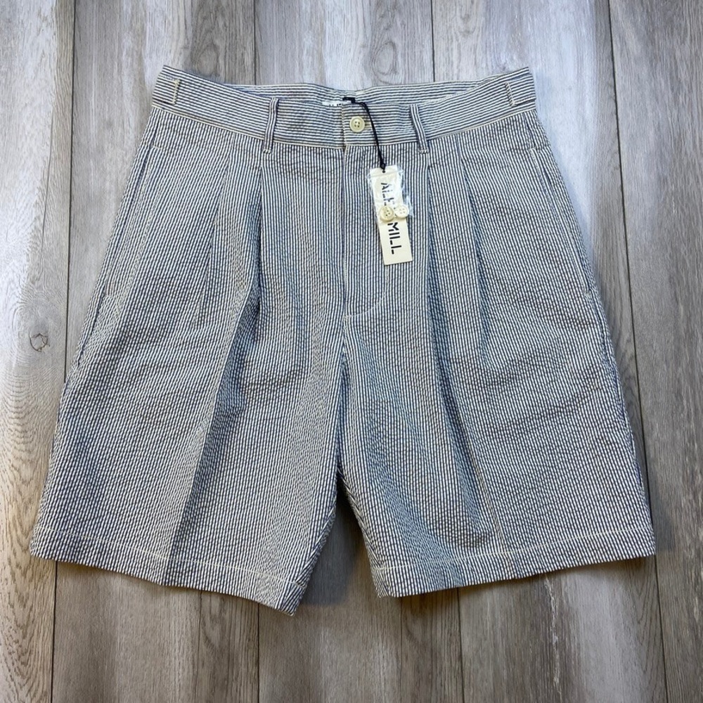 Alex Mill Shorts Mens 30 Blue White Striped Seersucker Pleated Adjustable NEW